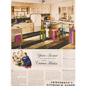 1942 Vtg Canteen Kitchen Seating Print Ad Armstrong‎ Linoleum Stylish WWII Era
